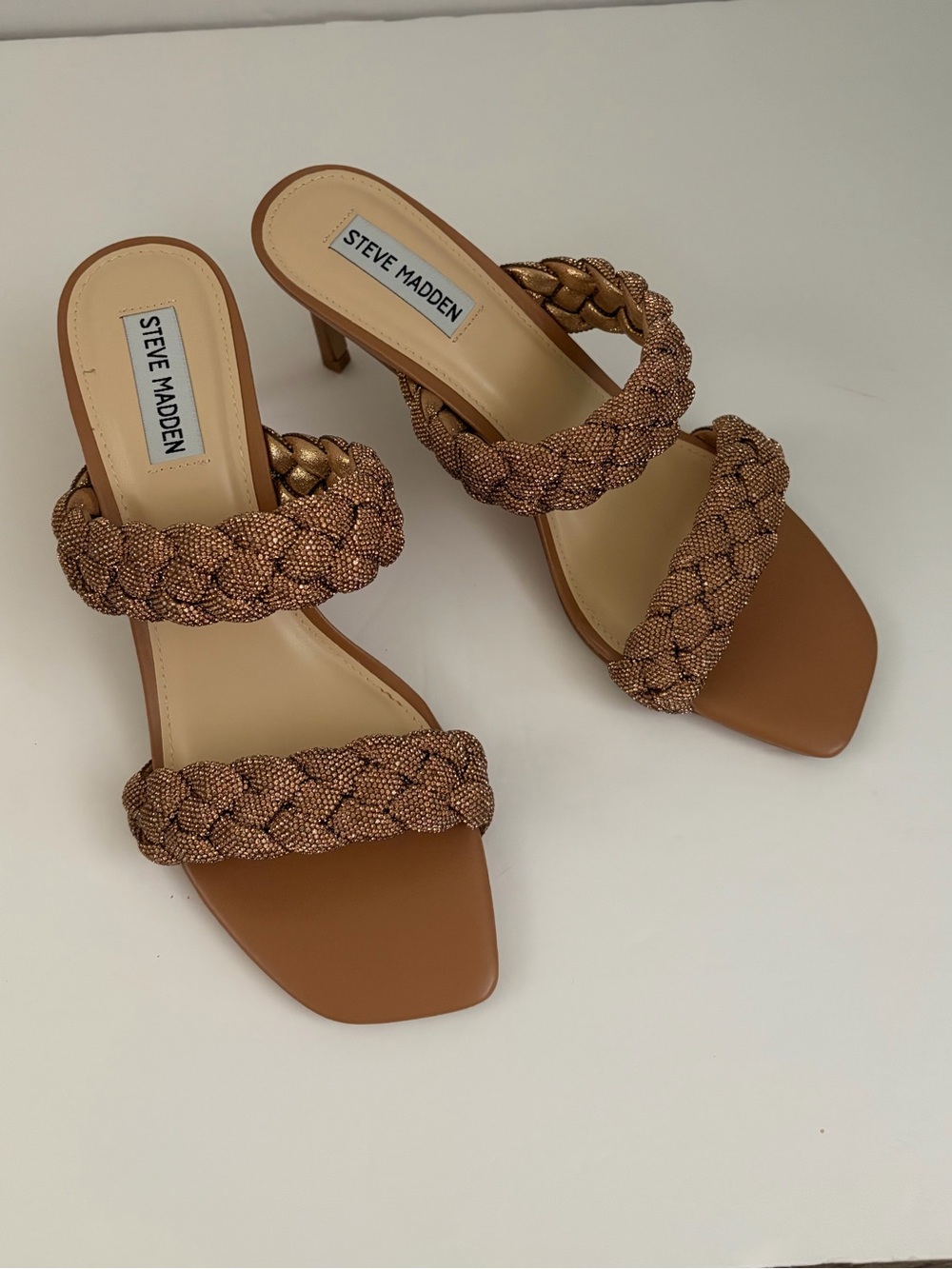 NEW Steve Madden Women’s Crystal Rhinestone Bronze Braided Strap Mid-Heel Sandal